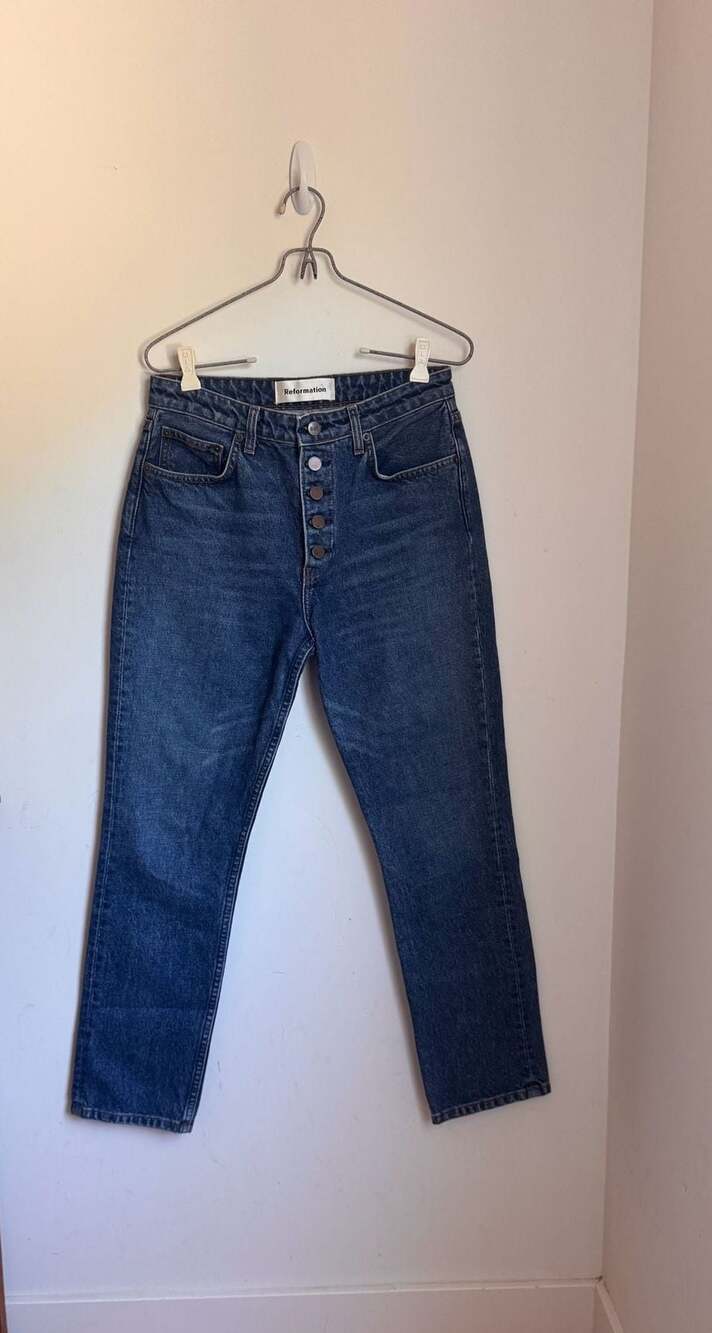 Reformation Winona Mid Rise Button Fly Straight Leg Jeans in Baltic Wash - Picture 3 of 6
